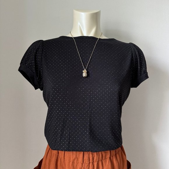 ✨Host Pick✨2/$20 Worthington | Black Gold Dotted Crewneck Puff Sleeve Top - Picture 2 of 9